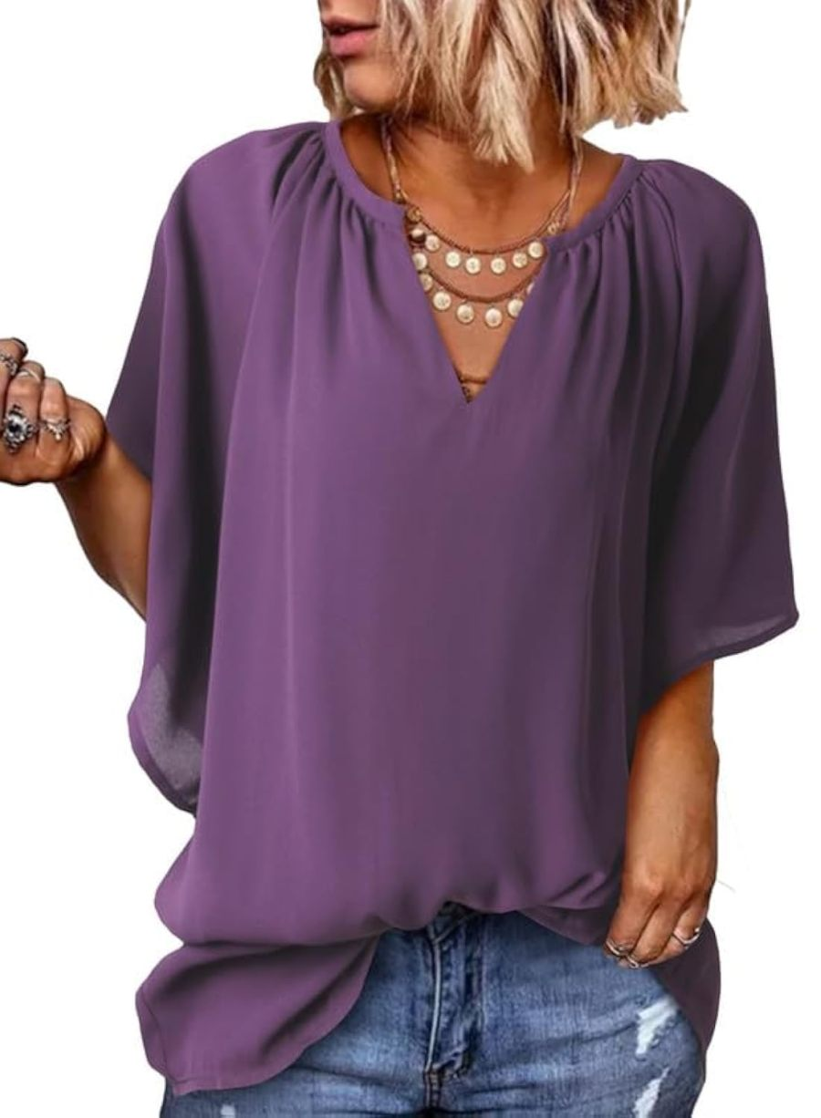 New Women's V Neck 3/4 Batwing Sleeve Blouse Pleated Flowy Tunic Tops(Buy 3 Free Shipping)