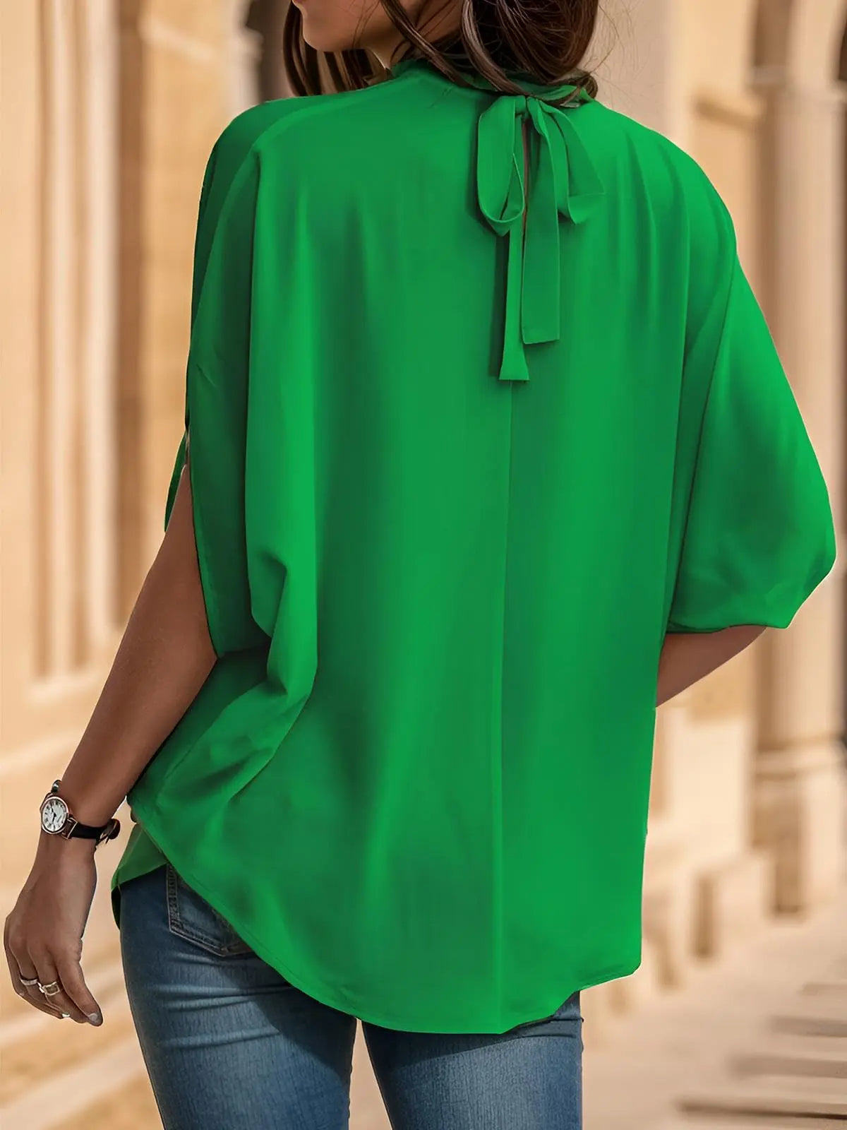 Women's Mock Neck Batwing Sleeve Blouse Loose Fit Tie Back Summer Tunic Tops