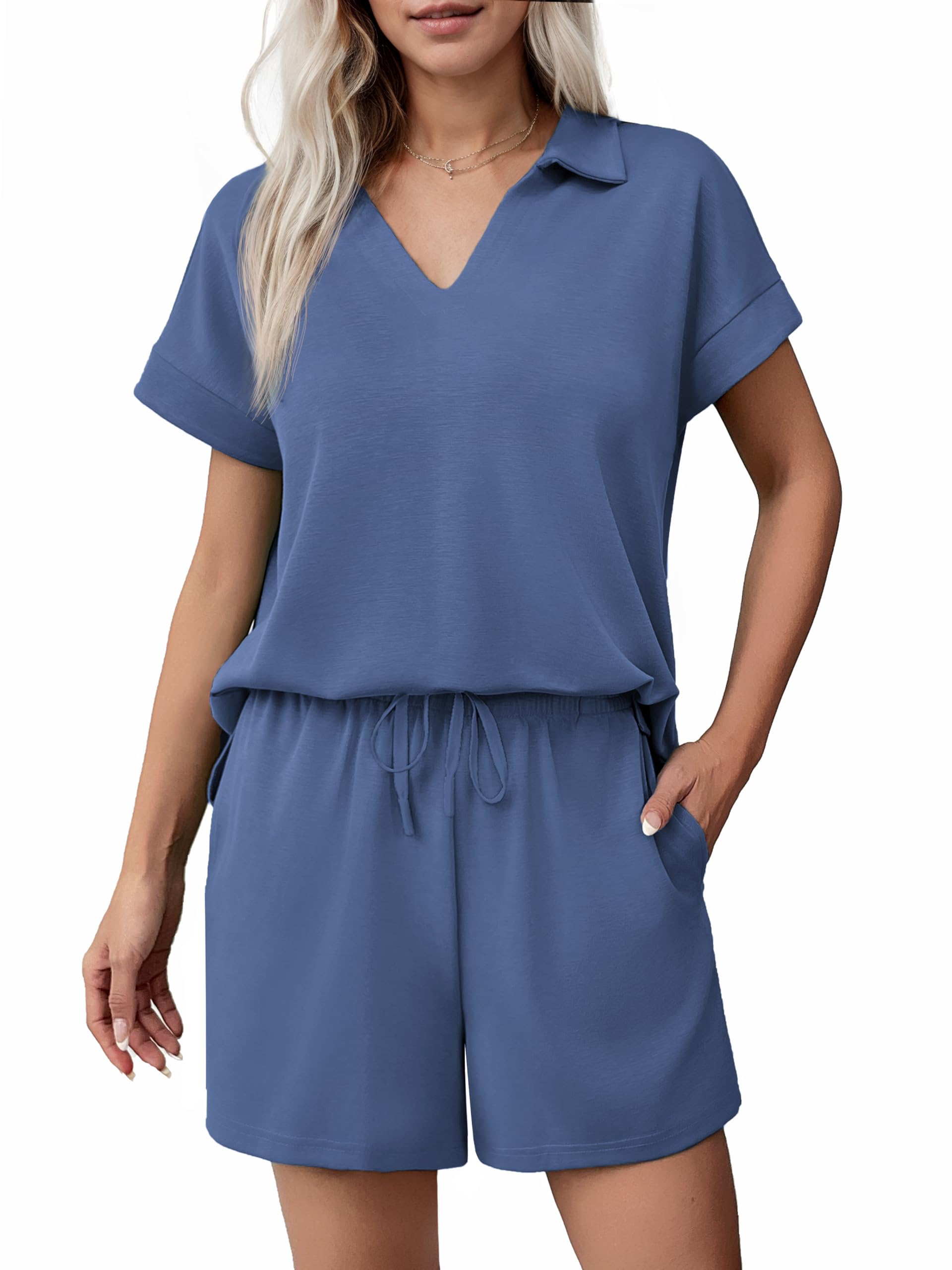 Women Summer Lounge Sets Short Sleeve Sweatshirt V-neck Tops and Drawstring Shorts Outfits Tracksuit (BUY 2 FREE SHIPPING!!!)