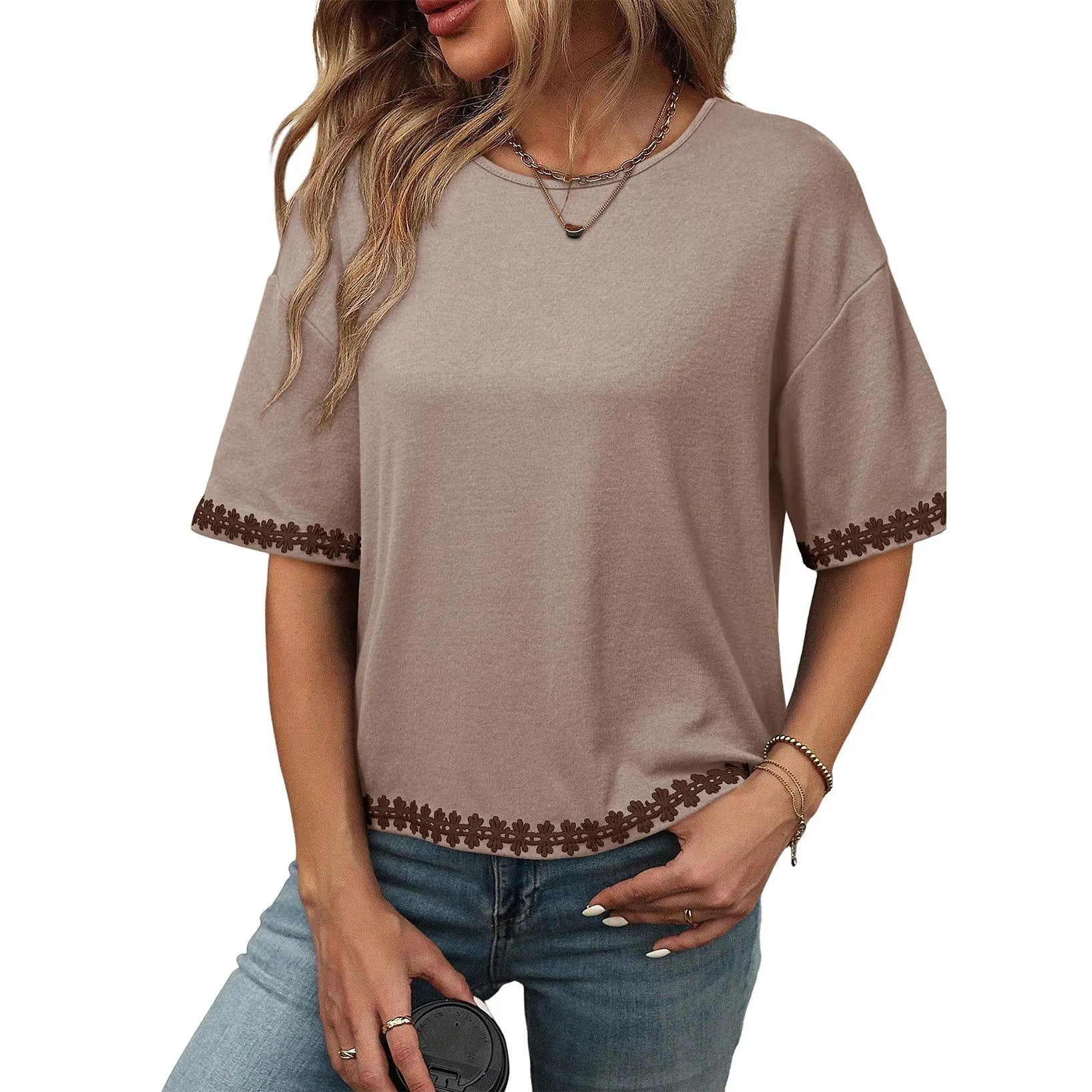 Women's Casual Summer Crewneck Short Sleeve Embroidered Loose Oversized Basic Tee