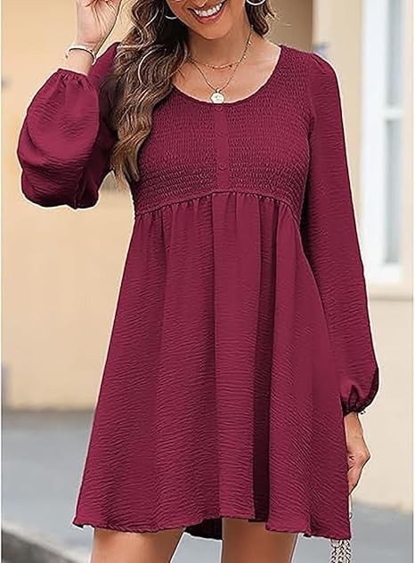 Women's Round Neck Button Ruffle Dress