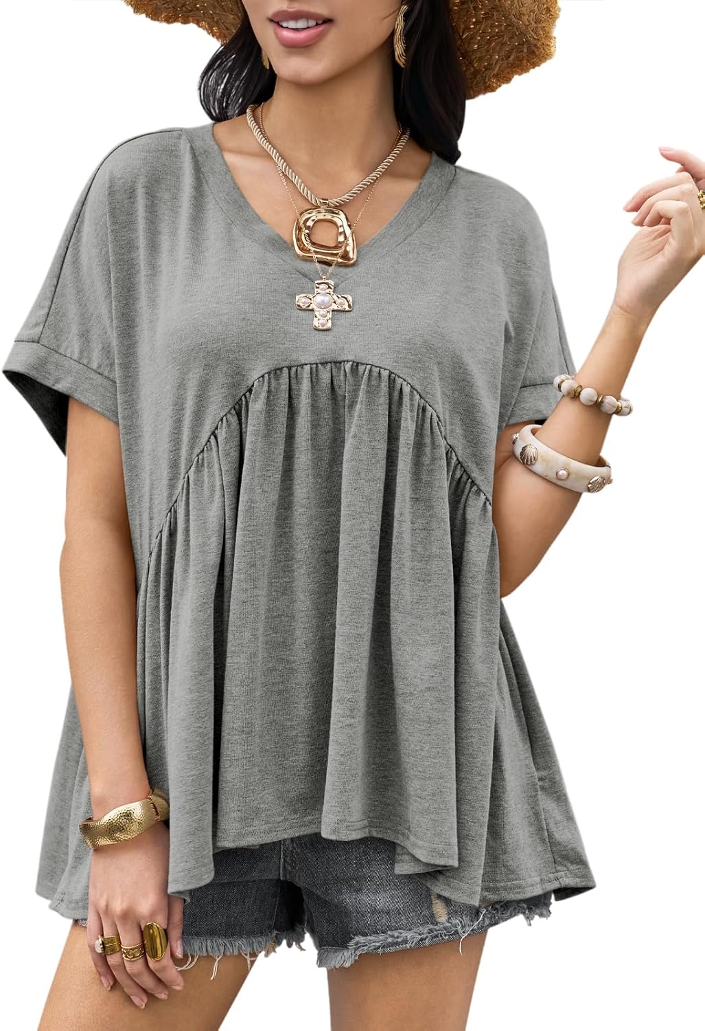Womens Summer Peplum Tops Oversized Babydoll