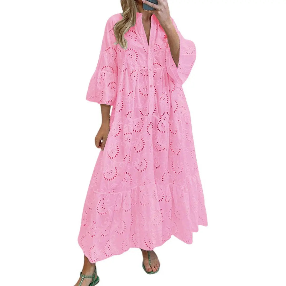 Women's Boho Lace Eyelet Embroidery Maxi Dress