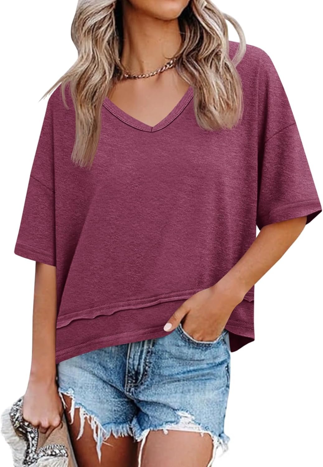 Women's V-Neck Spliced Hem Casual Top