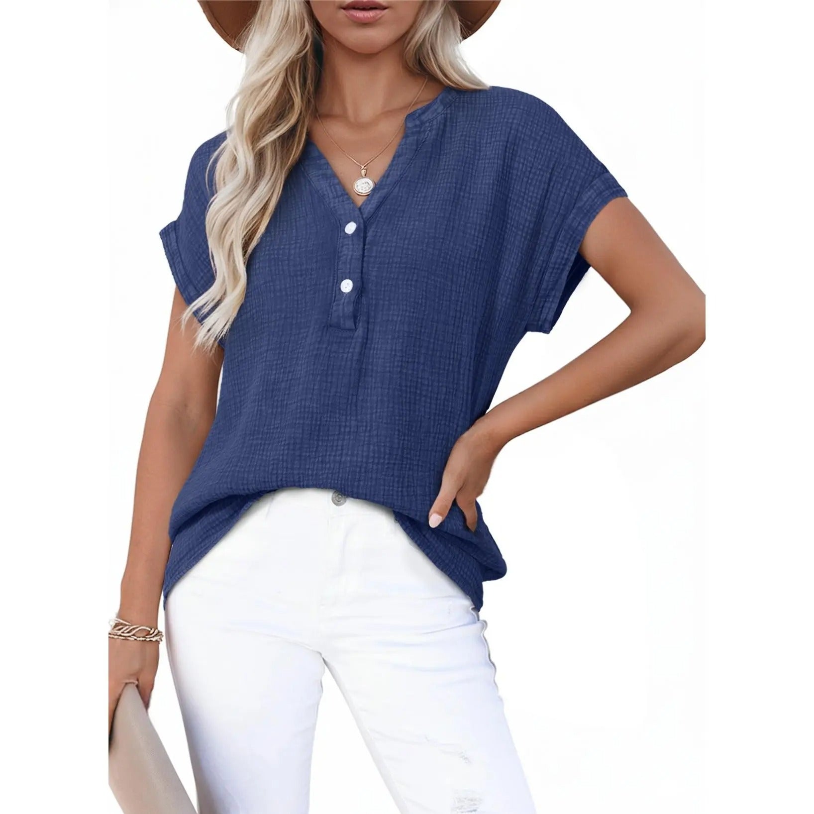 Women’s Summer Boho Tops Casual Button Short Sleeve V Neck Shirts Solid Cotton Blouses