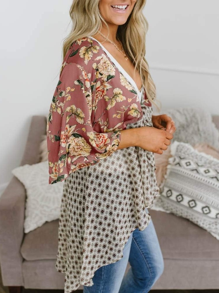 HOT SALE Women's Floral Kimono 3/4 Ruffle Sleeve Tie Cardigans Flowy Boho Loose Cover Ups