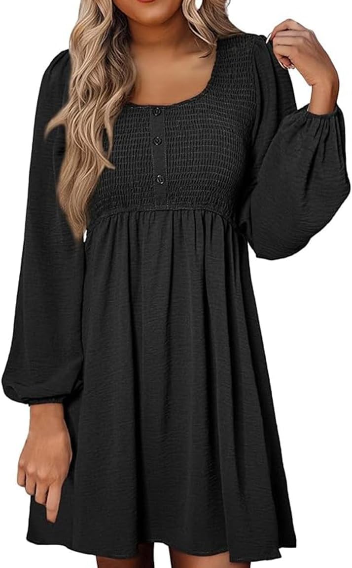 Women's Round Neck Button Ruffle Dress