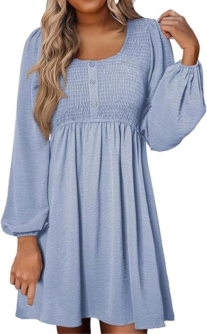 Women's Round Neck Button Ruffle Dress