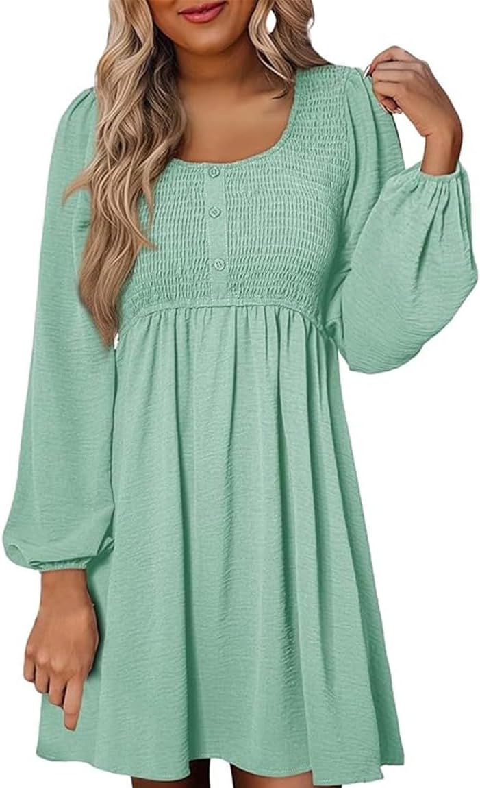 Women's Round Neck Button Ruffle Dress