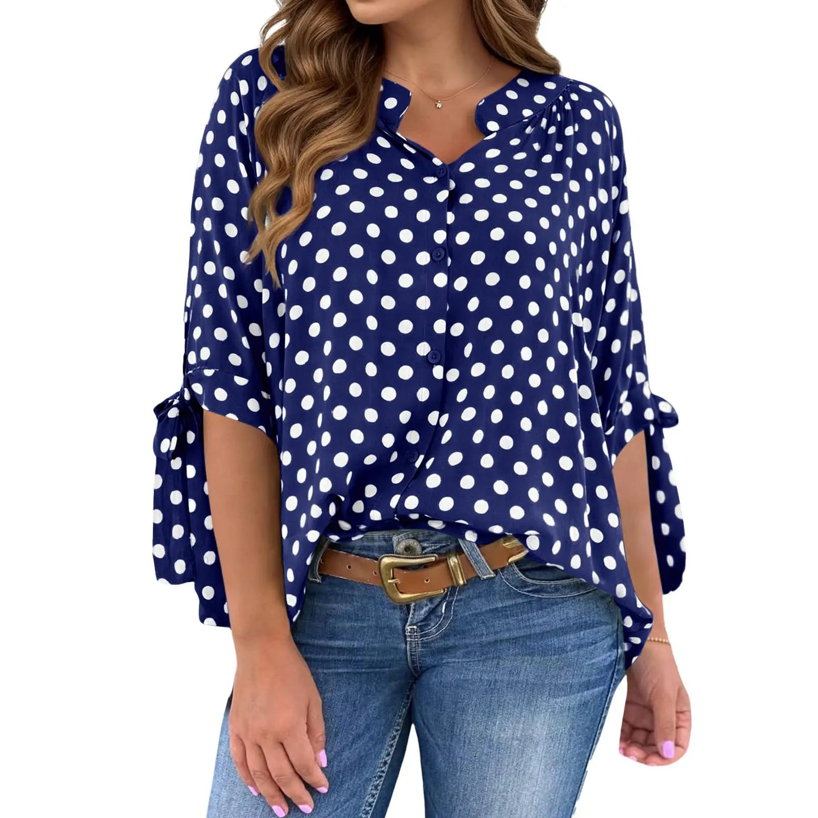 Womens Polka Dot Blouse V Neck Bow Tie Cuff Half Sleeve