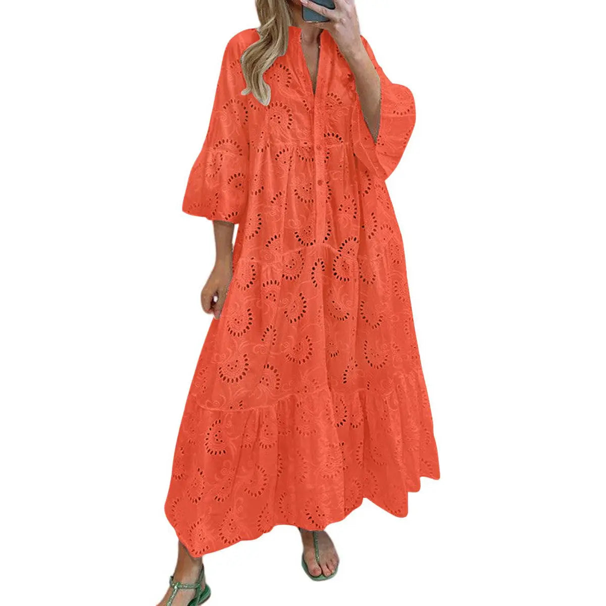 Women's Boho Lace Eyelet Embroidery Maxi Dress