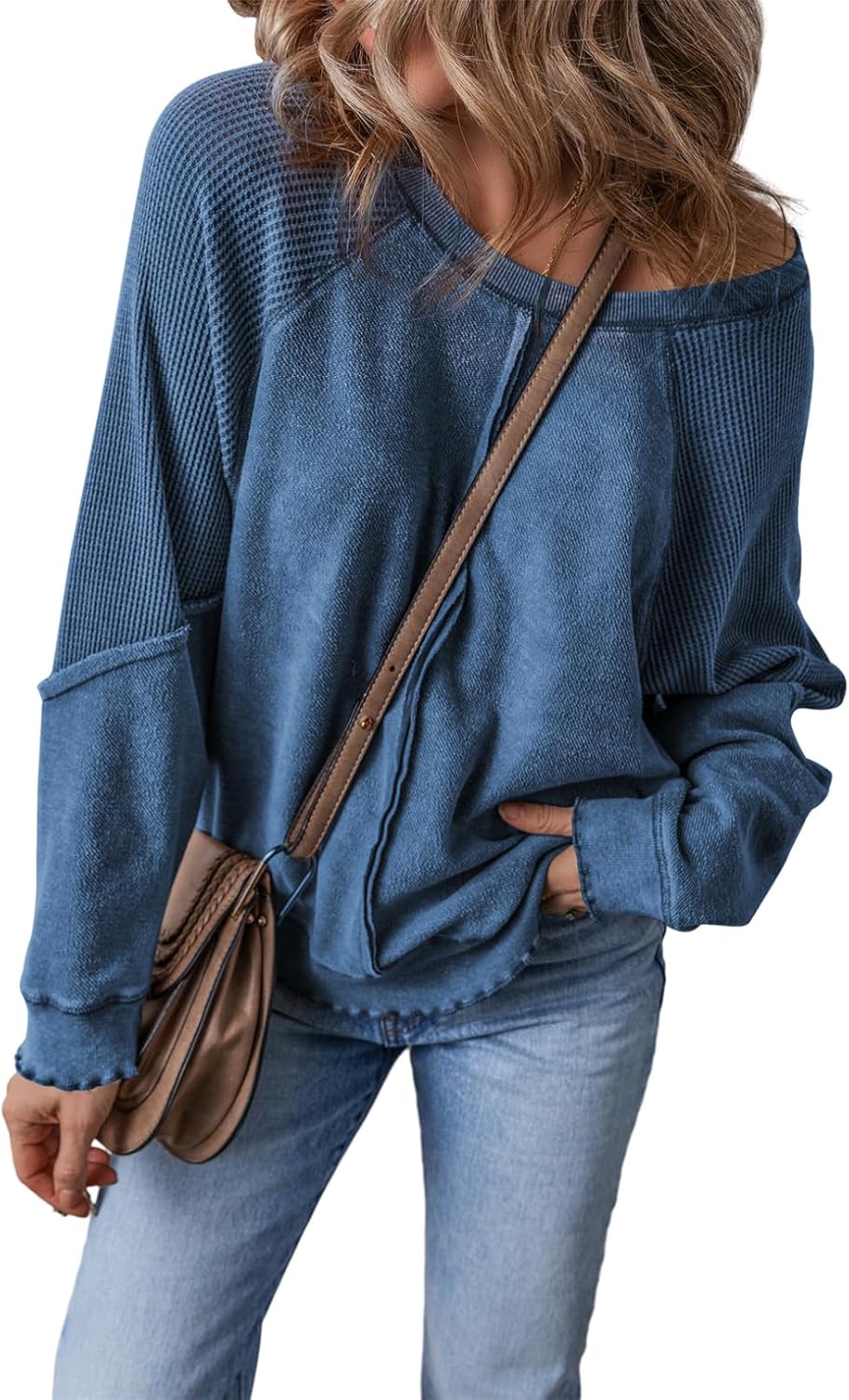 Womens Crewneck Long Sleeve Waffle Knit Sweatshirt