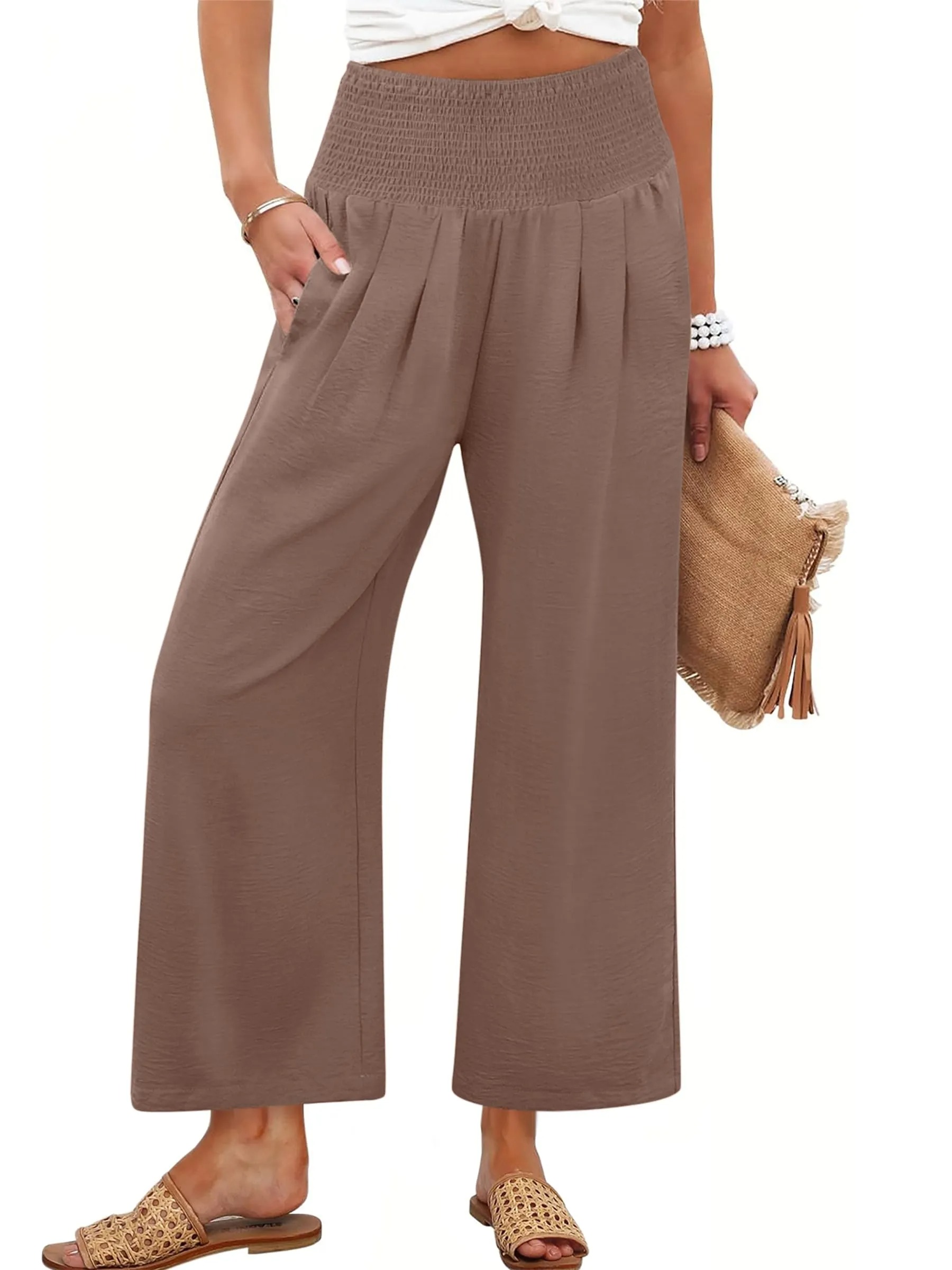 HOT SALE Women's High Waist Elastic Palazzo Pants Flowy Beach Lounge Casual Trousers