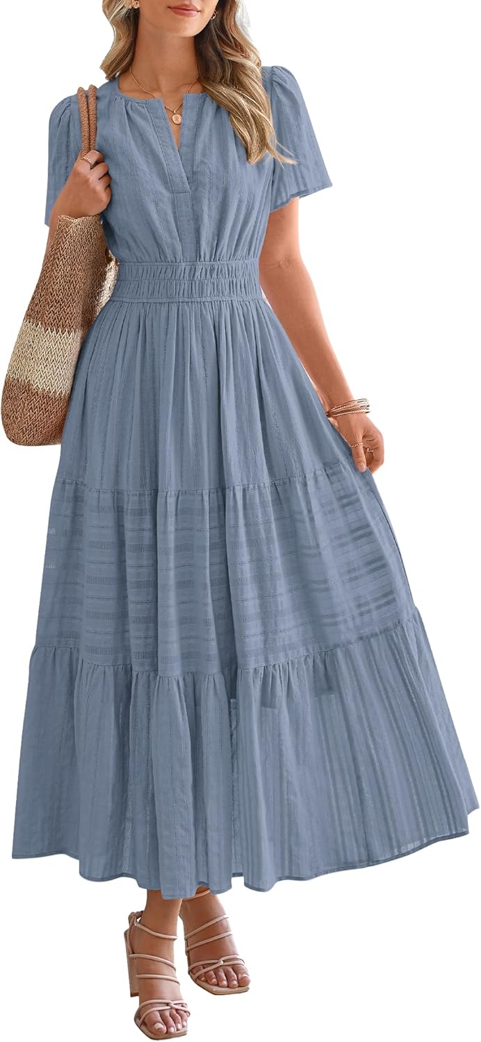 Womens Summer Lightweight Short Sleeve V Casual Midi Maxi Dresses