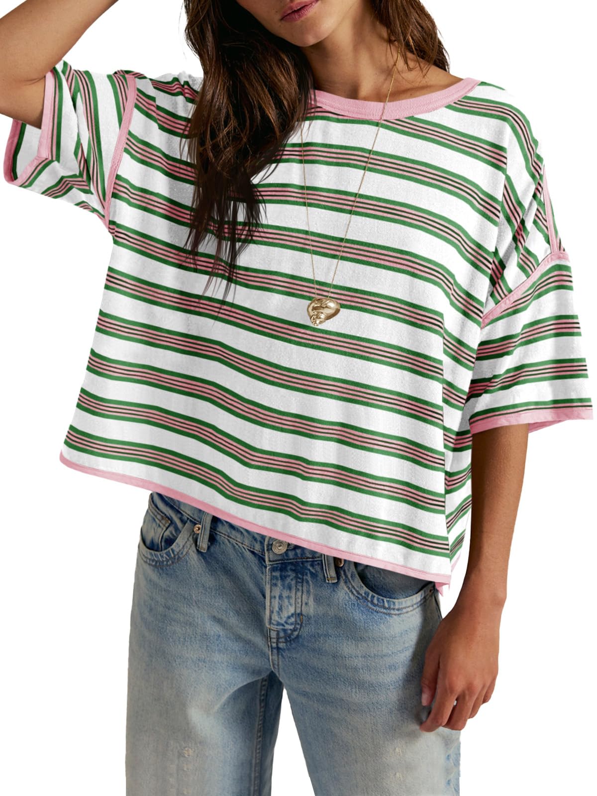 Womens Oversized Striped T-Shirts Summer Casual Color
