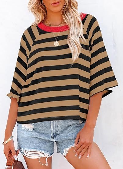 HOT SALE Women's Cute Round Neck Striped Short Sleeve Casual Top