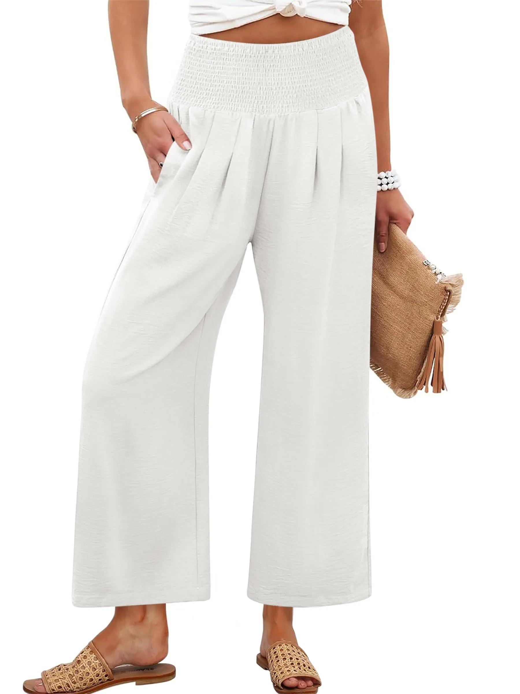 HOT SALE Women's High Waist Elastic Palazzo Pants Flowy Beach Lounge Casual Trousers