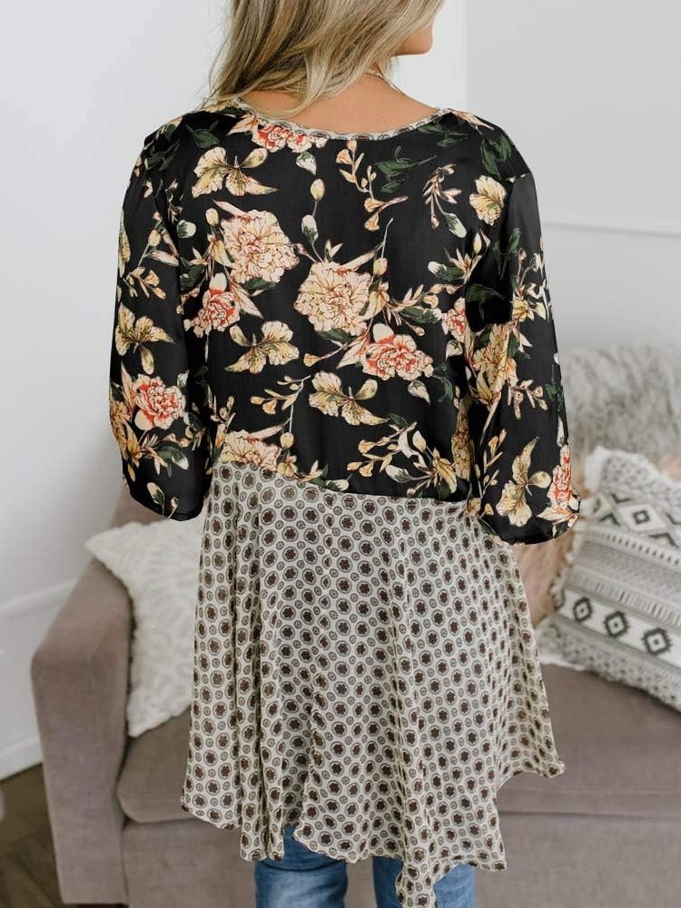Women's Floral Kimono 3/4 Ruffle Sleeve Tie Cardigans Flowy Boho Loose Cover Ups