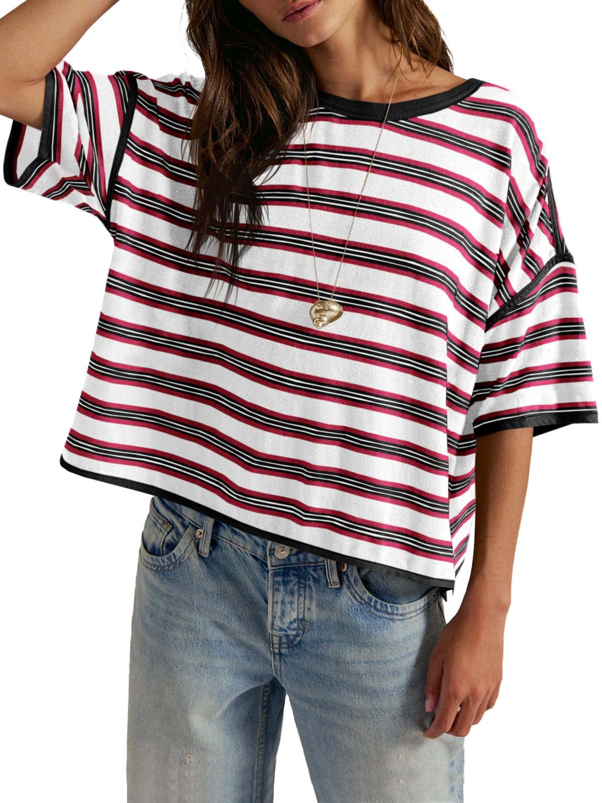 Womens Oversized Striped T-Shirts Summer Casual Color