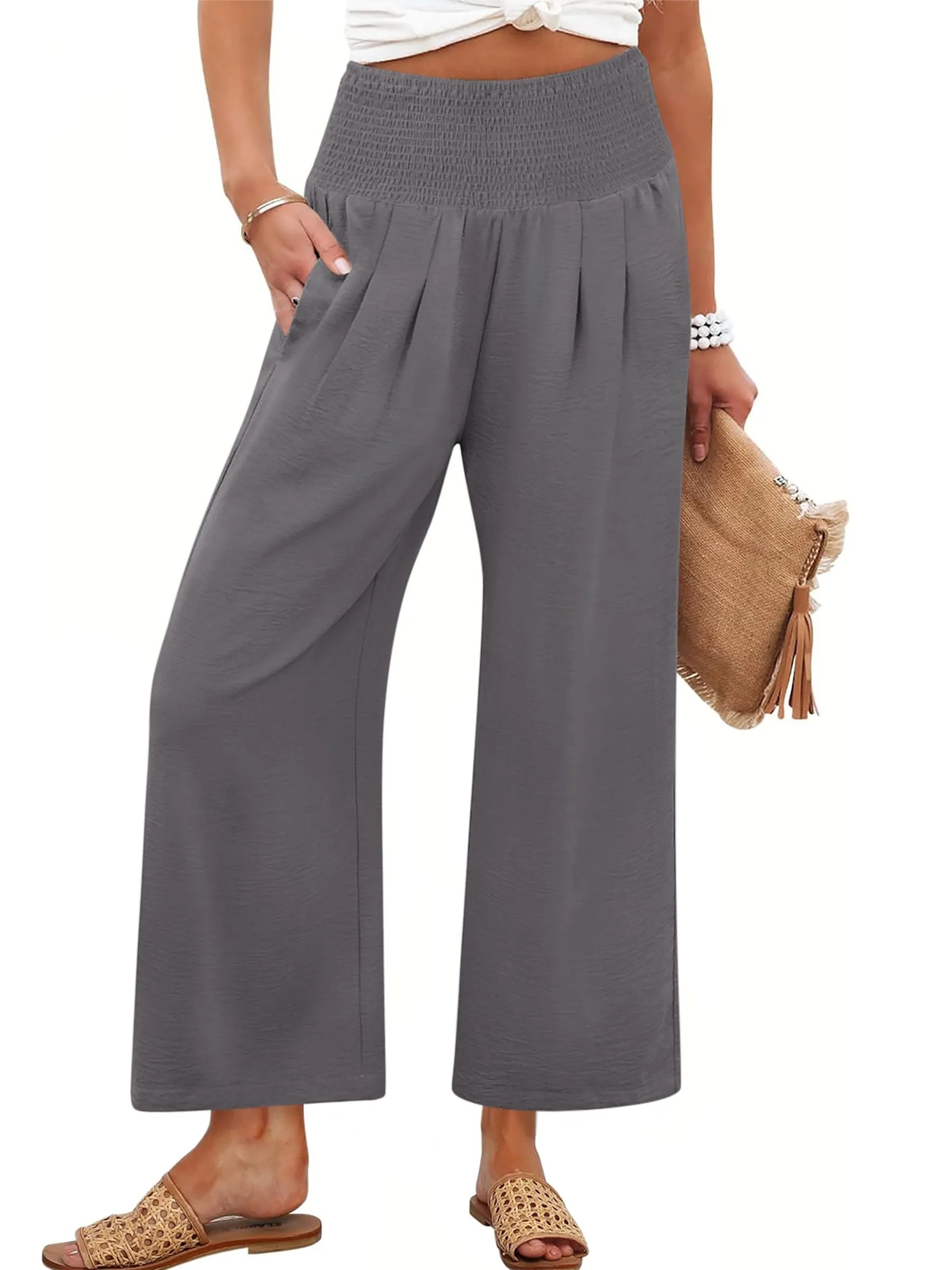 HOT SALE Women's High Waist Elastic Palazzo Pants Flowy Beach Lounge Casual Trousers