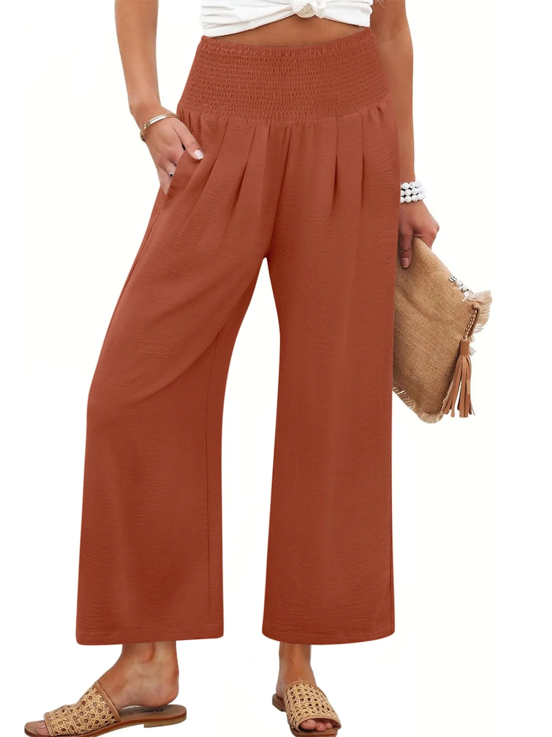 HOT SALE Women's High Waist Elastic Palazzo Pants Flowy Beach Lounge Casual Trousers