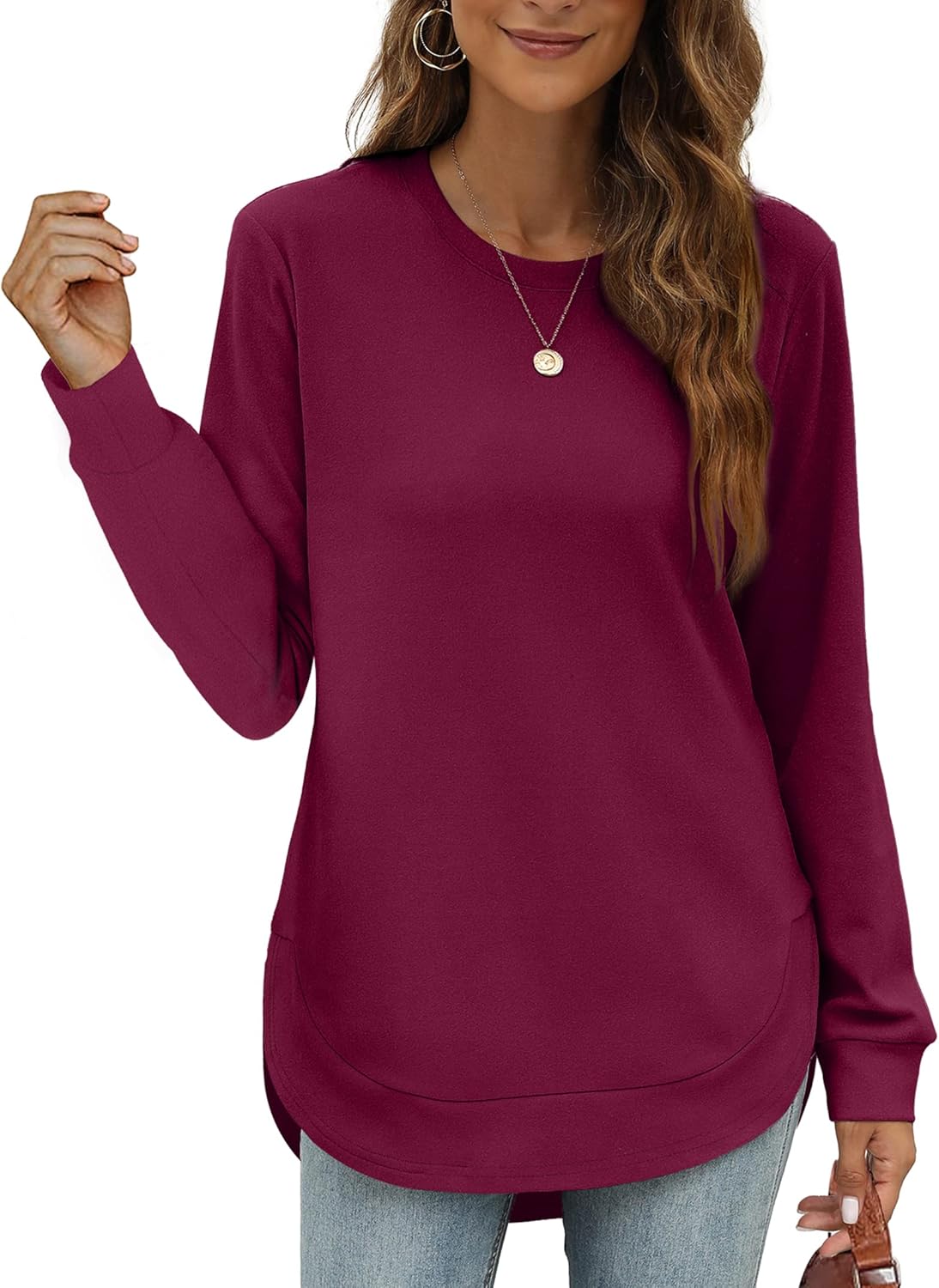 Womens Sweatshirt Crewneck Basic Long Sleeve Shirts High Low Tops Curved Hem