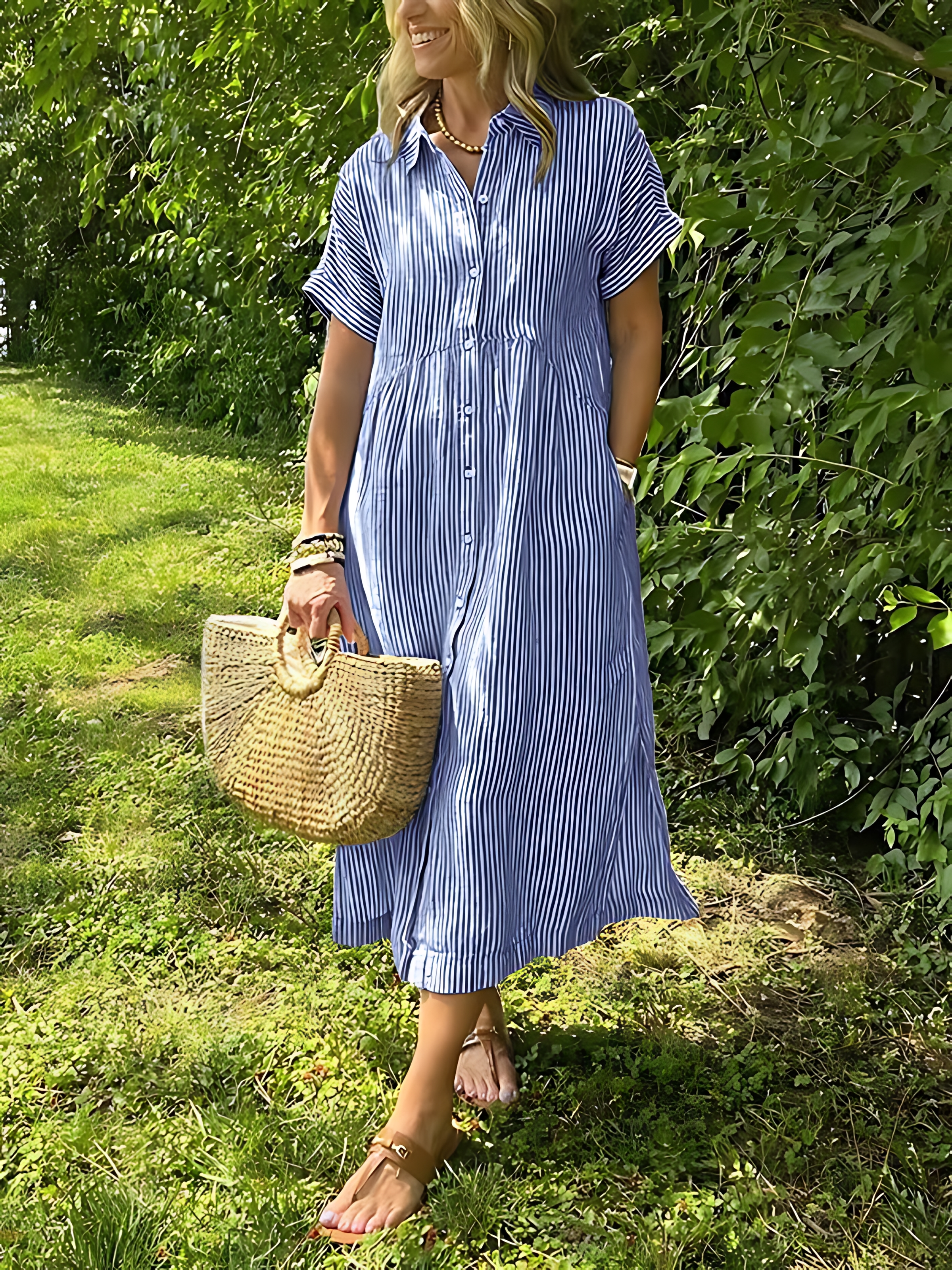 Women's Striped Side Slit Loose Shirt Dress with Pockets
