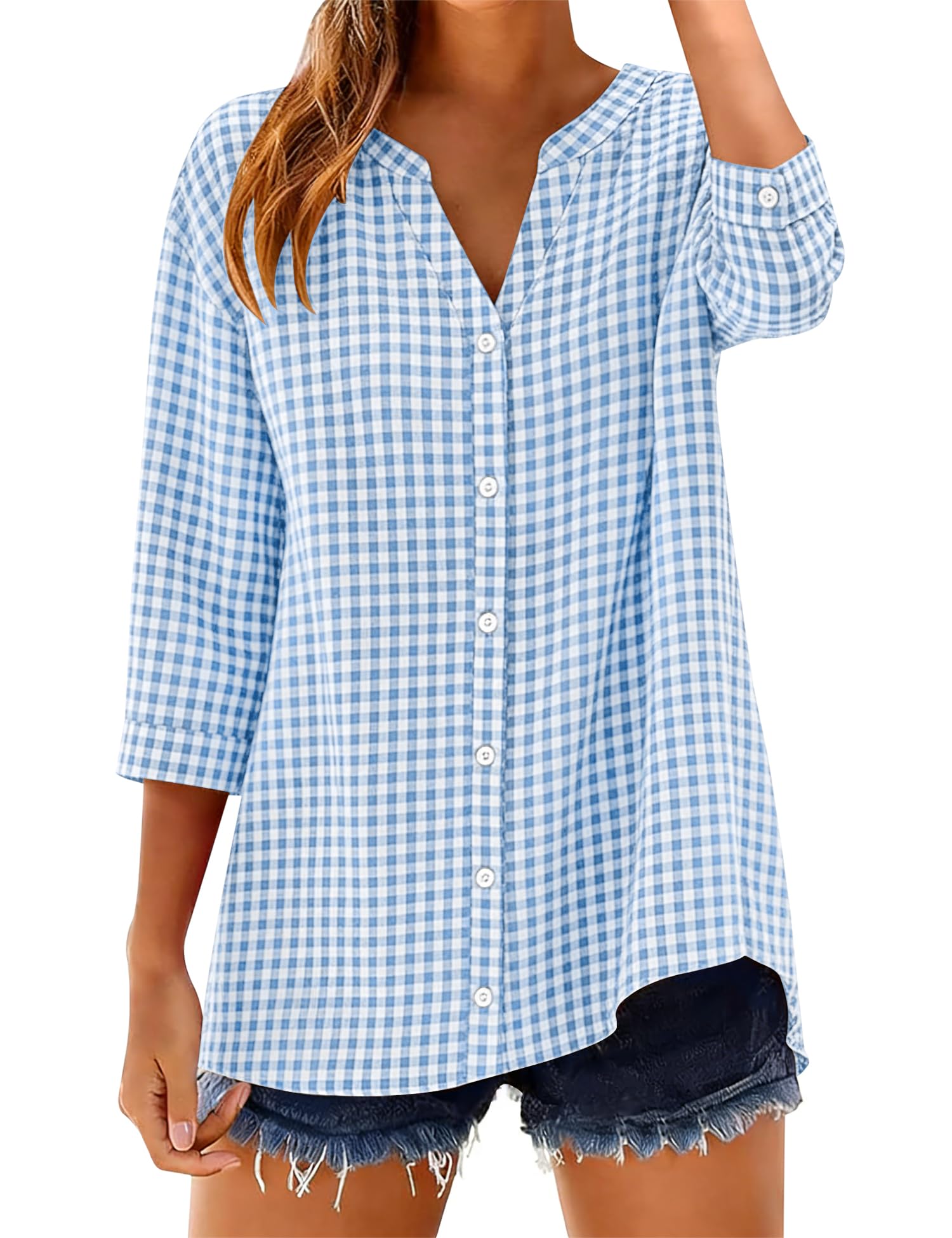 Women's Cotton 3/4 Sleeve Button Down Gingham Shirts