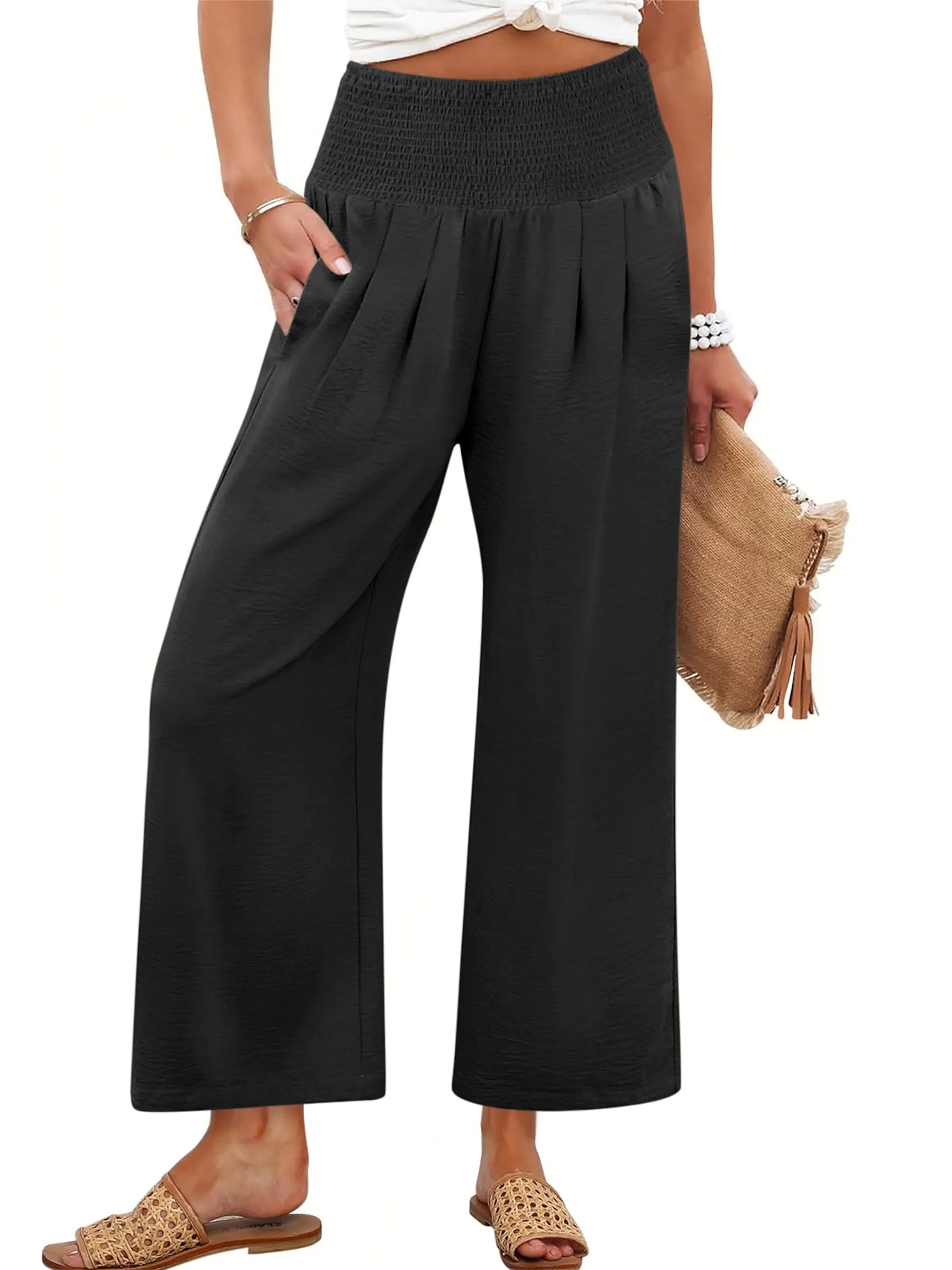 HOT SALE Women's High Waist Elastic Palazzo Pants Flowy Beach Lounge Casual Trousers