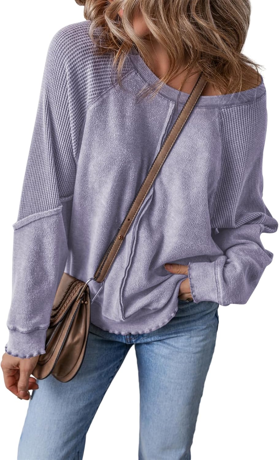 Womens Crewneck Long Sleeve Waffle Knit Sweatshirt