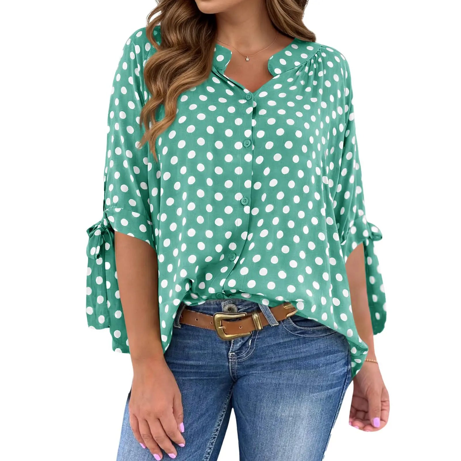 Womens Polka Dot Blouse V Neck Bow Tie Cuff Half Sleeve