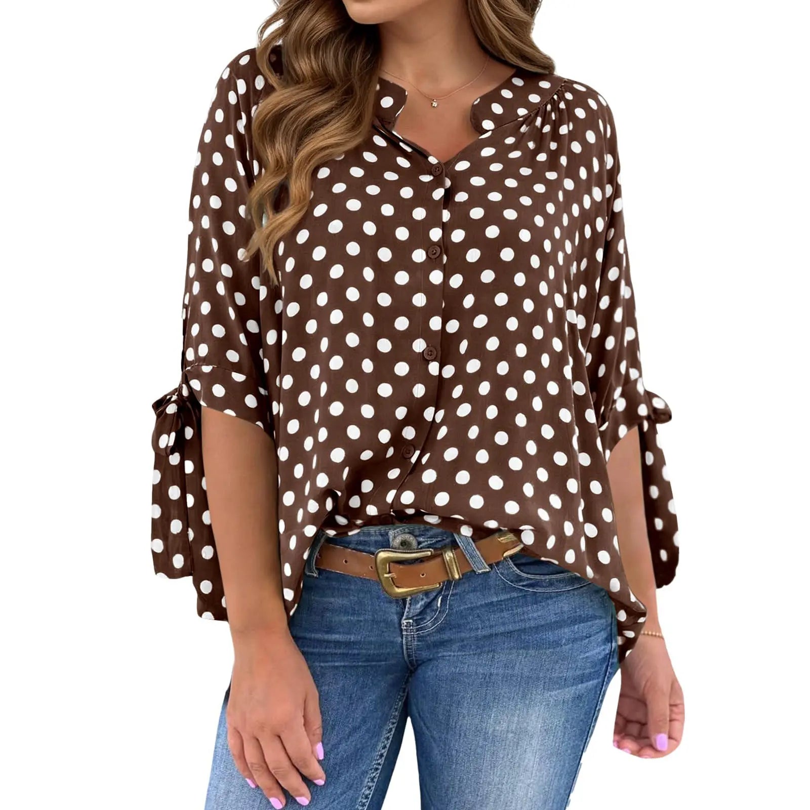 Womens Polka Dot Blouse V Neck Bow Tie Cuff Half Sleeve