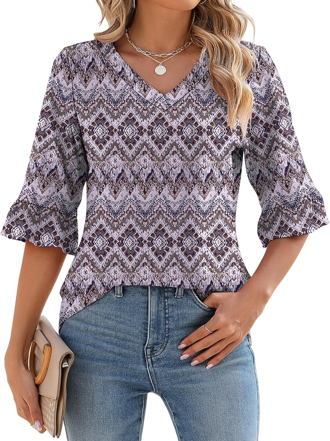 Womens 3/4 Length Sleeve V-Neck Eyelet Casual Ruffle Sleeve Tunic Blouses