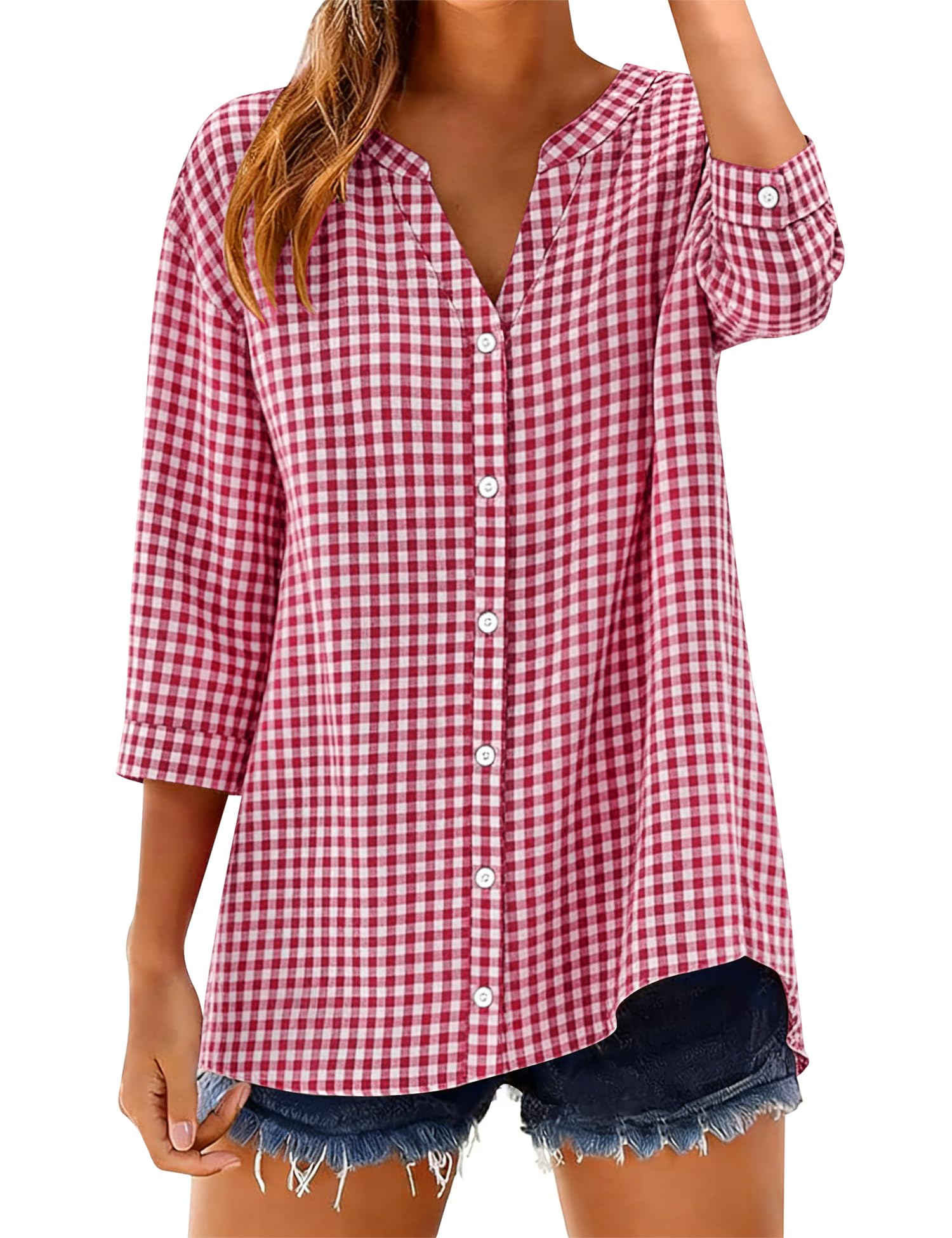 Women's Cotton 3/4 Sleeve Button Down Gingham Shirts