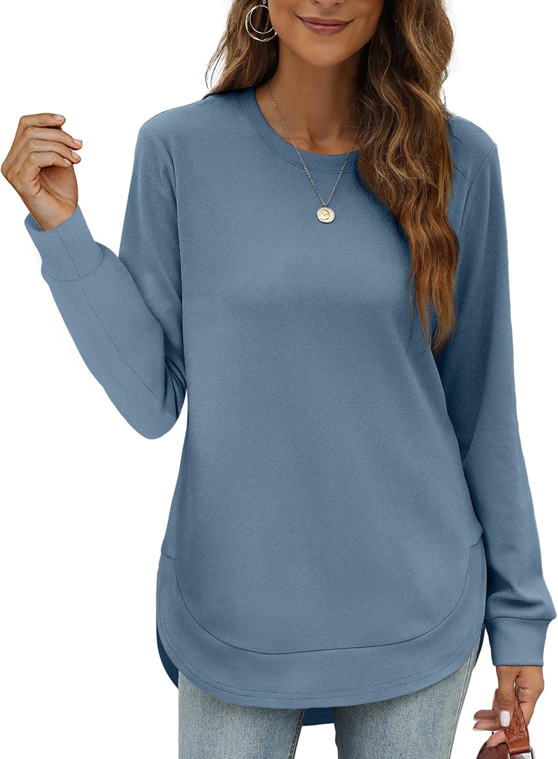 Womens Sweatshirt Crewneck Basic Long Sleeve Shirts High Low Tops Curved Hem