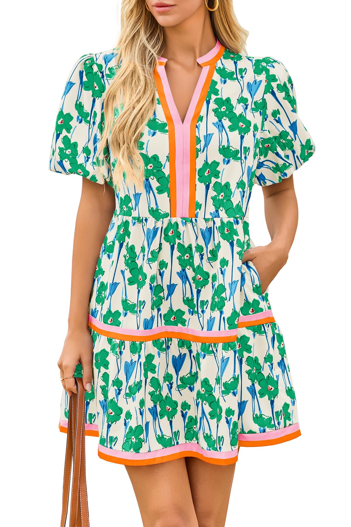 HOT SALE Women's V Neck Floral Mini Dress Short Puff Sleeve Patchwork