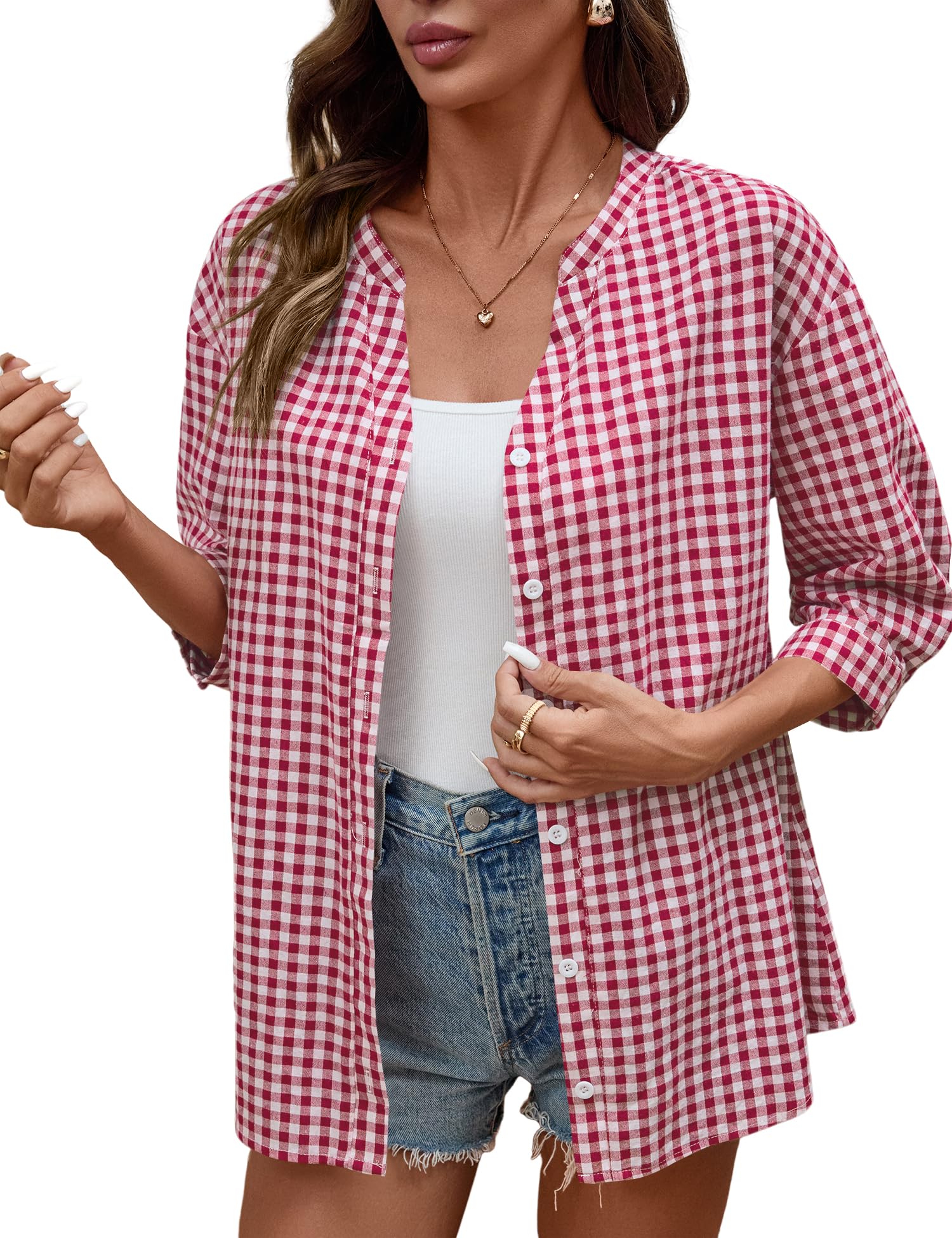 Women's Cotton 3/4 Sleeve Button Down Gingham Shirts