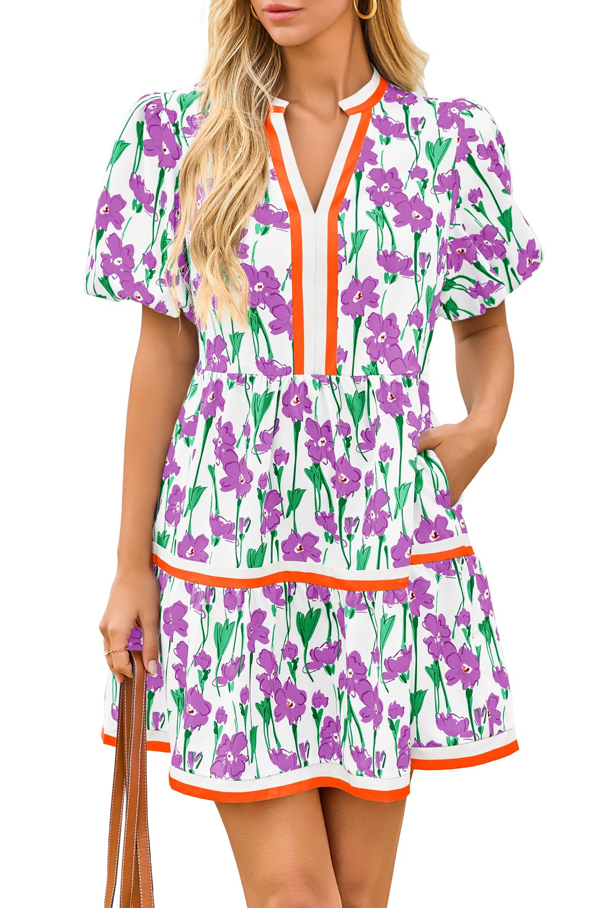 HOT SALE Women's V Neck Floral Mini Dress Short Puff Sleeve Patchwork