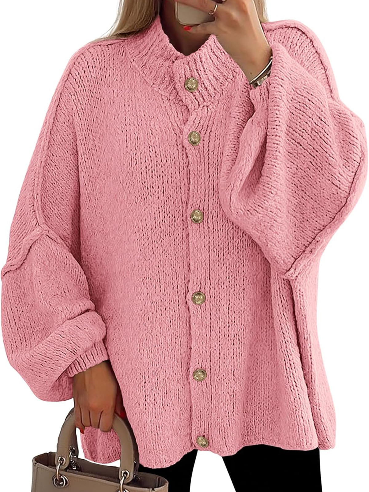 Women's Winter Button Down Cardigan Sweaters Mock Neck Lantern Long Sleeve