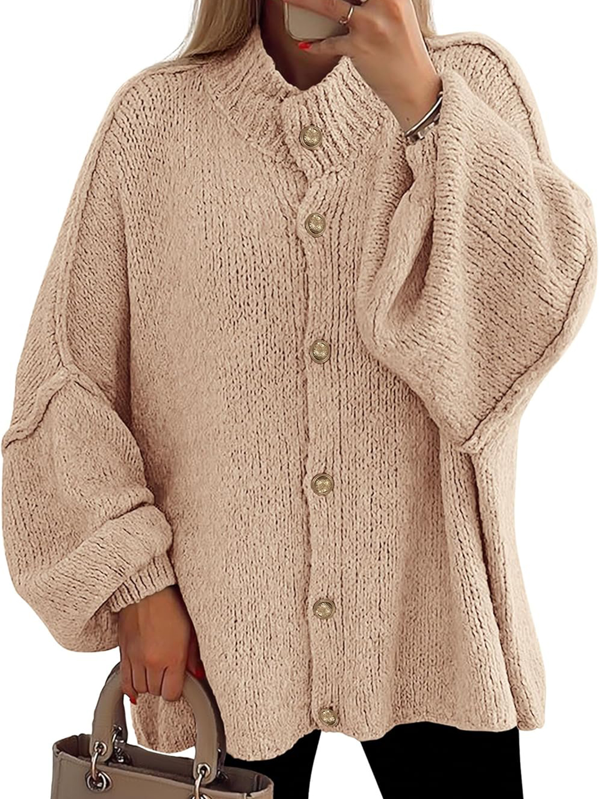 Women's Winter Button Down Cardigan Sweaters Mock Neck Lantern Long Sleeve