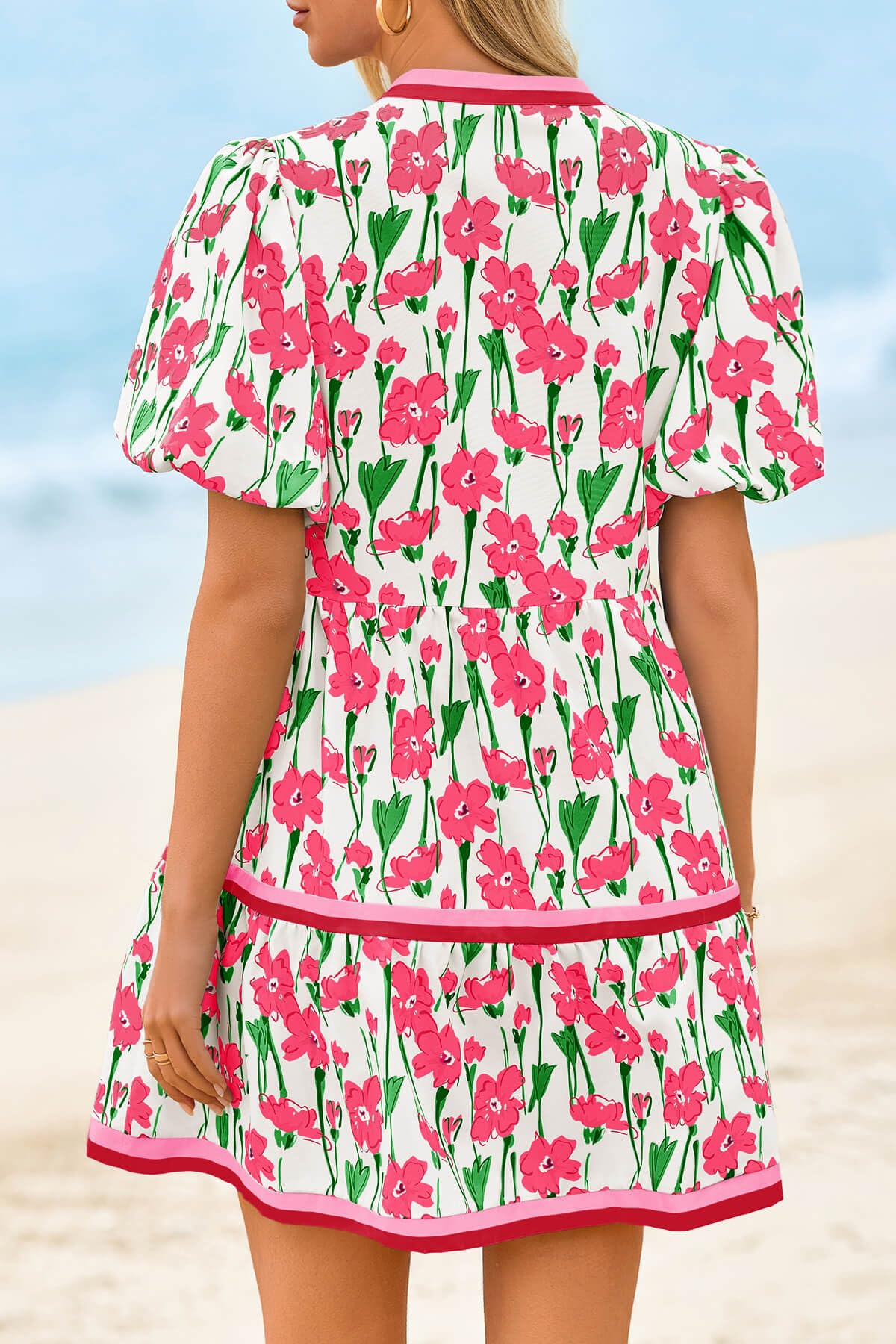 HOT SALE Women's V Neck Floral Mini Dress Short Puff Sleeve Patchwork