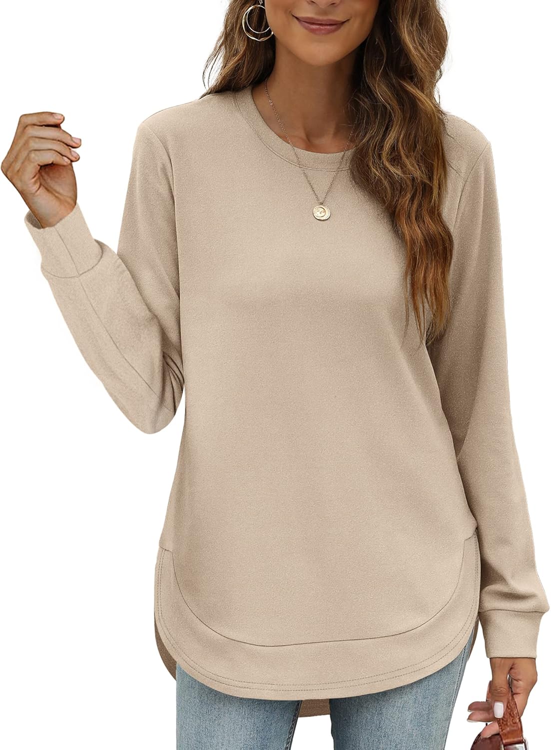 Womens Sweatshirt Crewneck Basic Long Sleeve Shirts High Low Tops Curved Hem