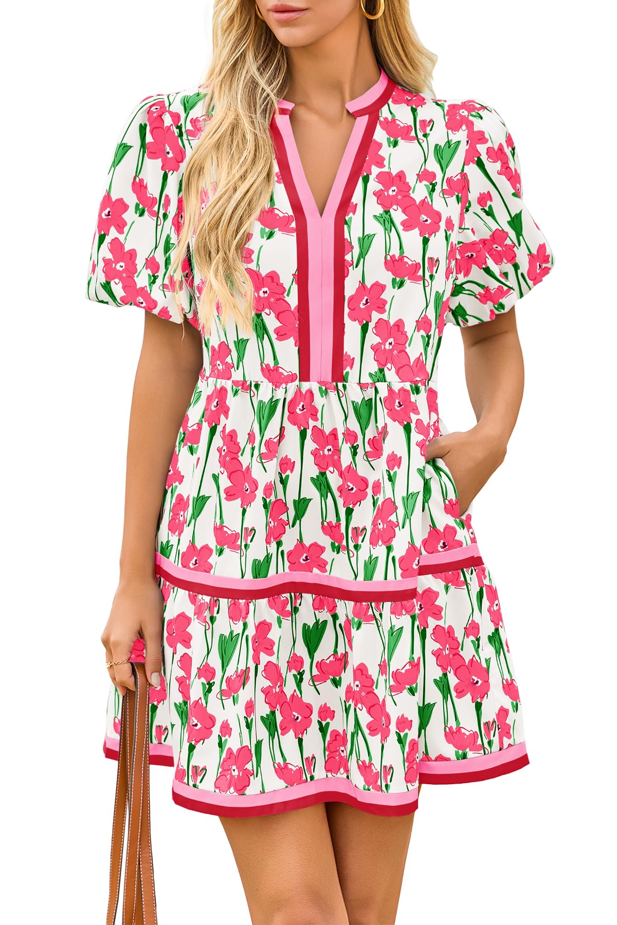 HOT SALE Women's V Neck Floral Mini Dress Short Puff Sleeve Patchwork