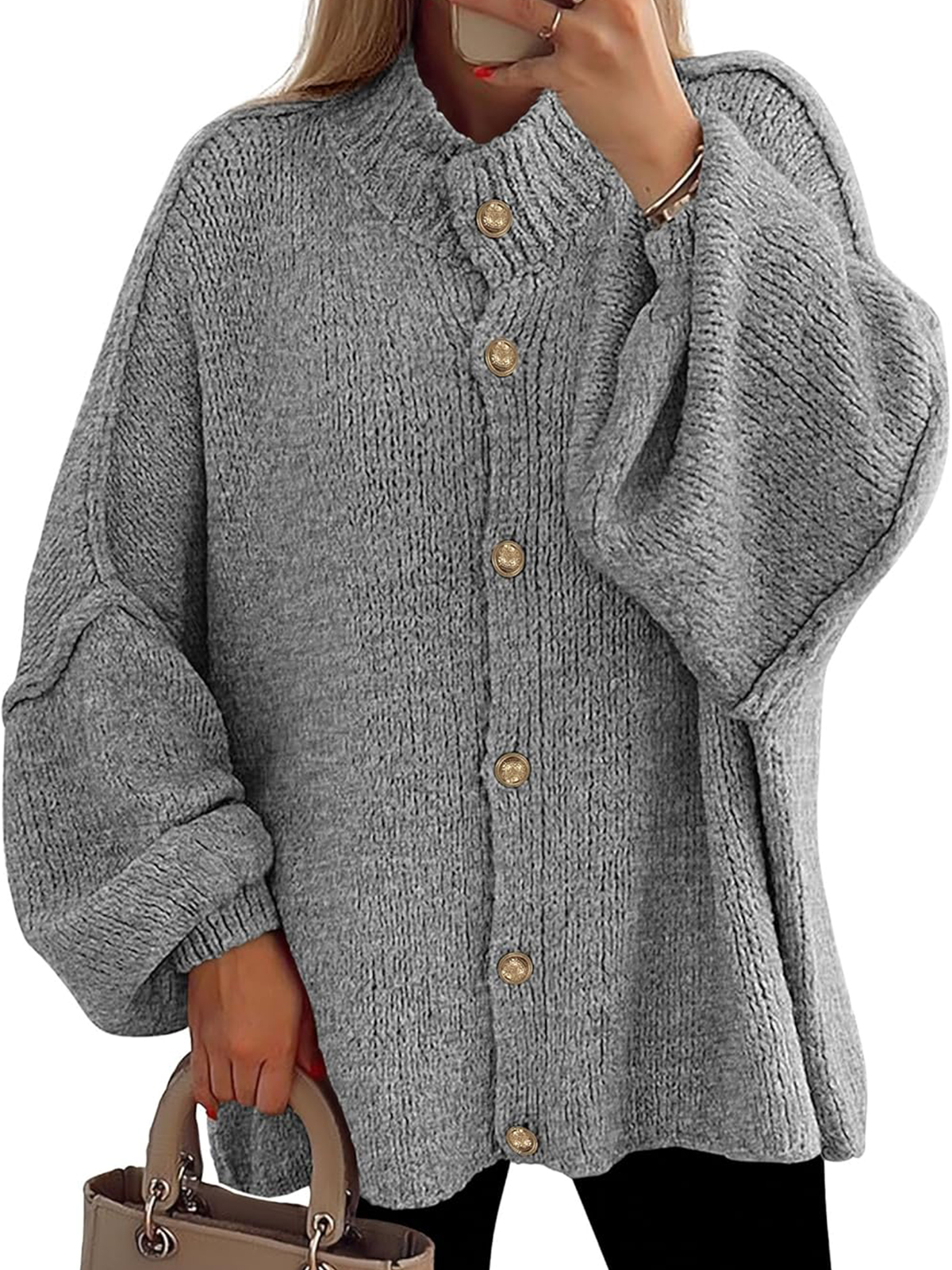 Women's Winter Button Down Cardigan Sweaters Mock Neck Lantern Long Sleeve