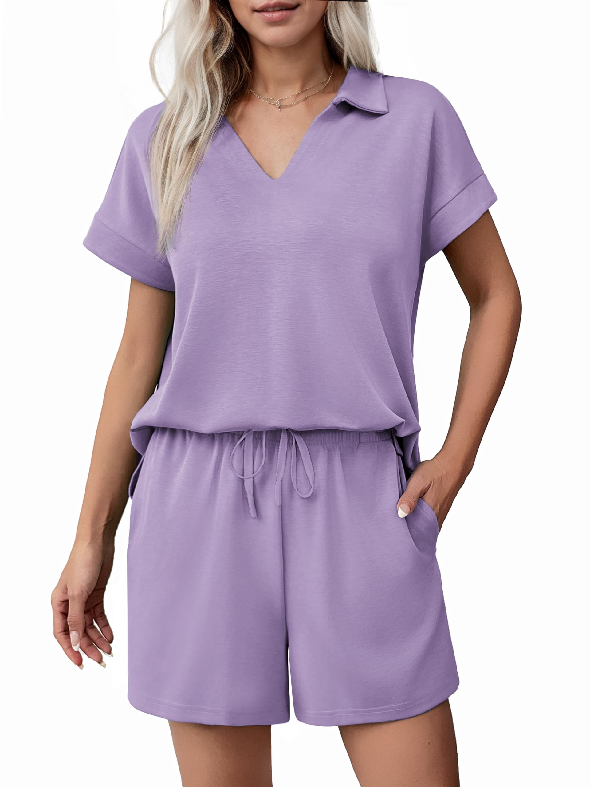 Women Summer Lounge Sets Short Sleeve Sweatshirt V-neck Tops and Drawstring Shorts Outfits Tracksuit (BUY 2 FREE SHIPPING!!!)