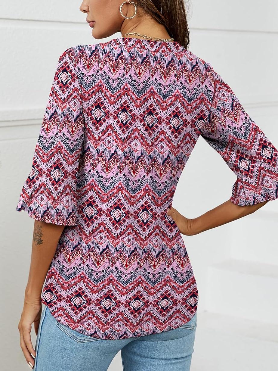 Womens 3/4 Length Sleeve V-Neck Eyelet Casual Ruffle Sleeve Tunic Blouses