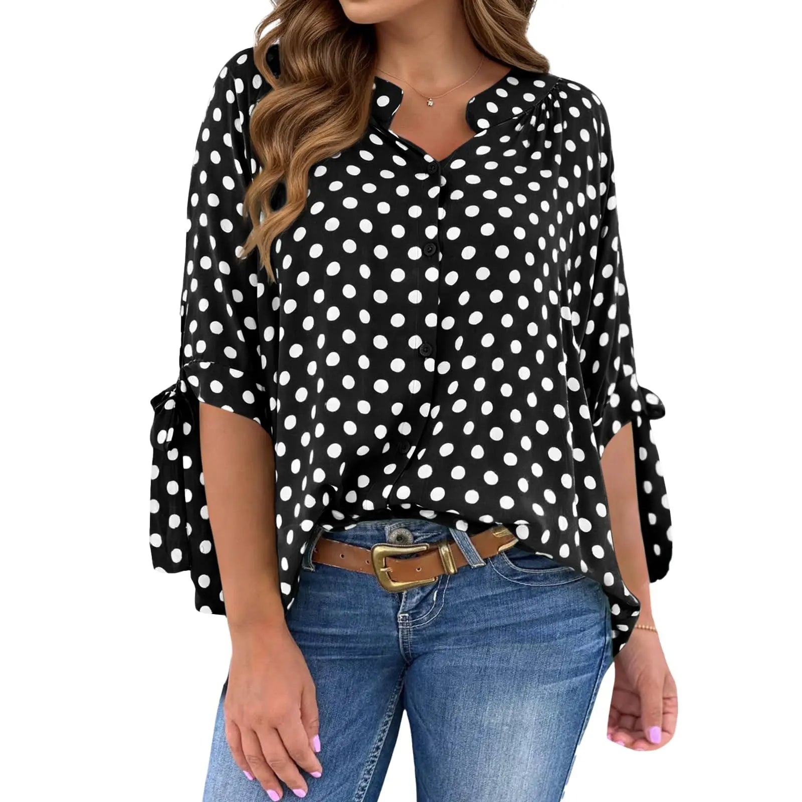 Womens Polka Dot Blouse V Neck Bow Tie Cuff Half Sleeve