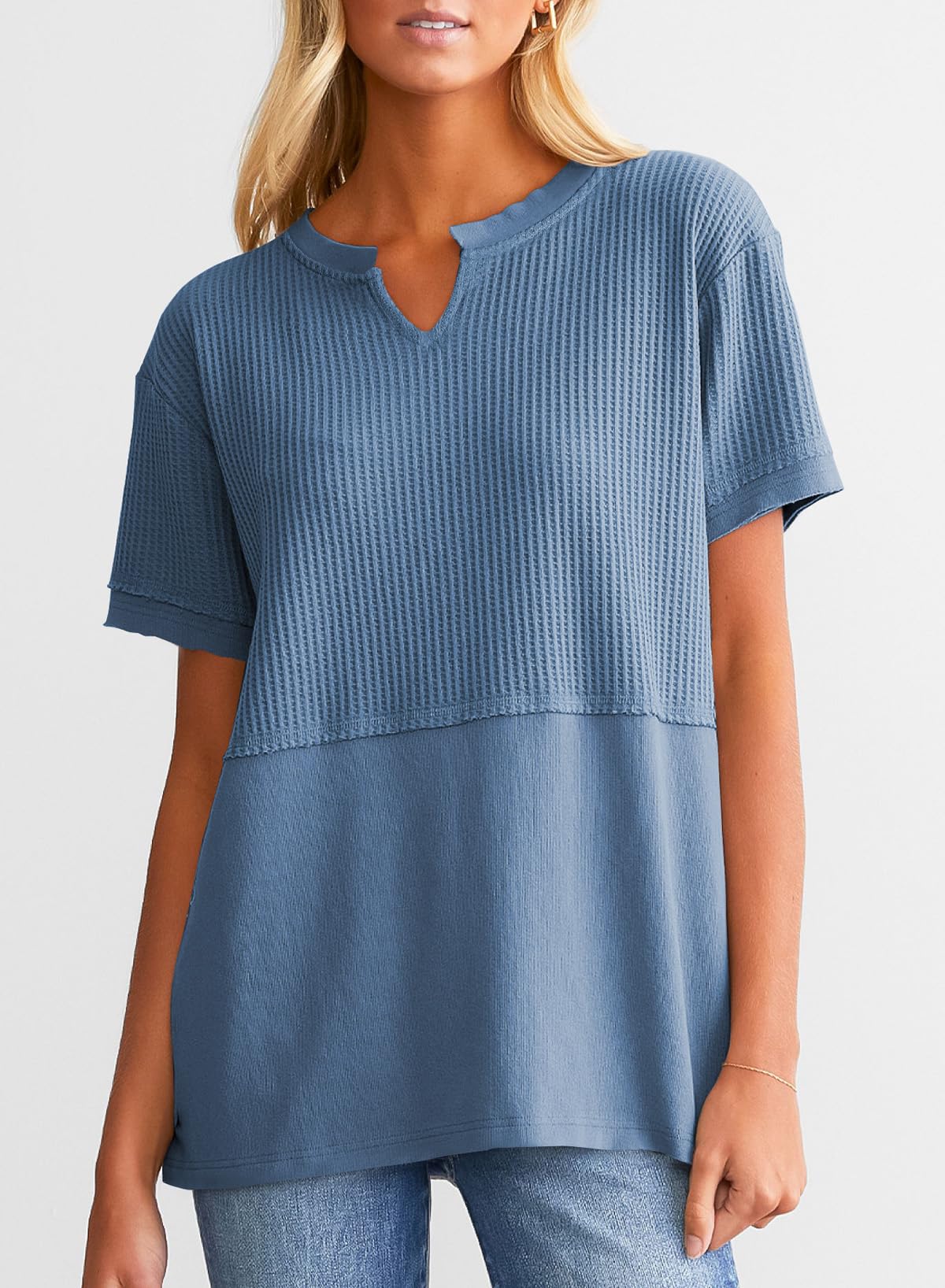 2025 New Women's Casual V Neck Waffle Knit Tops Short Sleeve T Shirts(buy 2 free shipping)