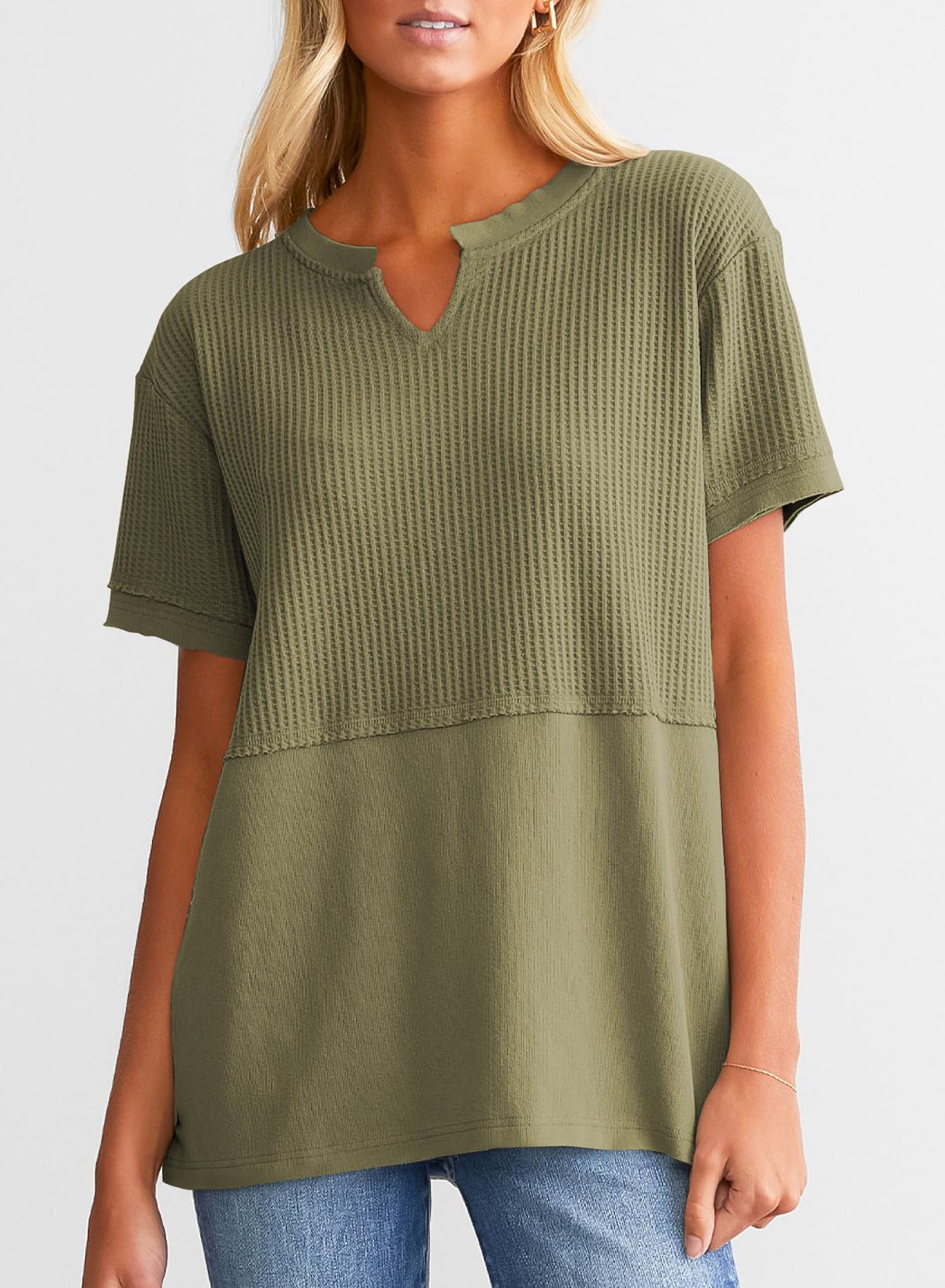 2025 New Women's Casual V Neck Waffle Knit Tops Short Sleeve T Shirts(buy 2 free shipping)