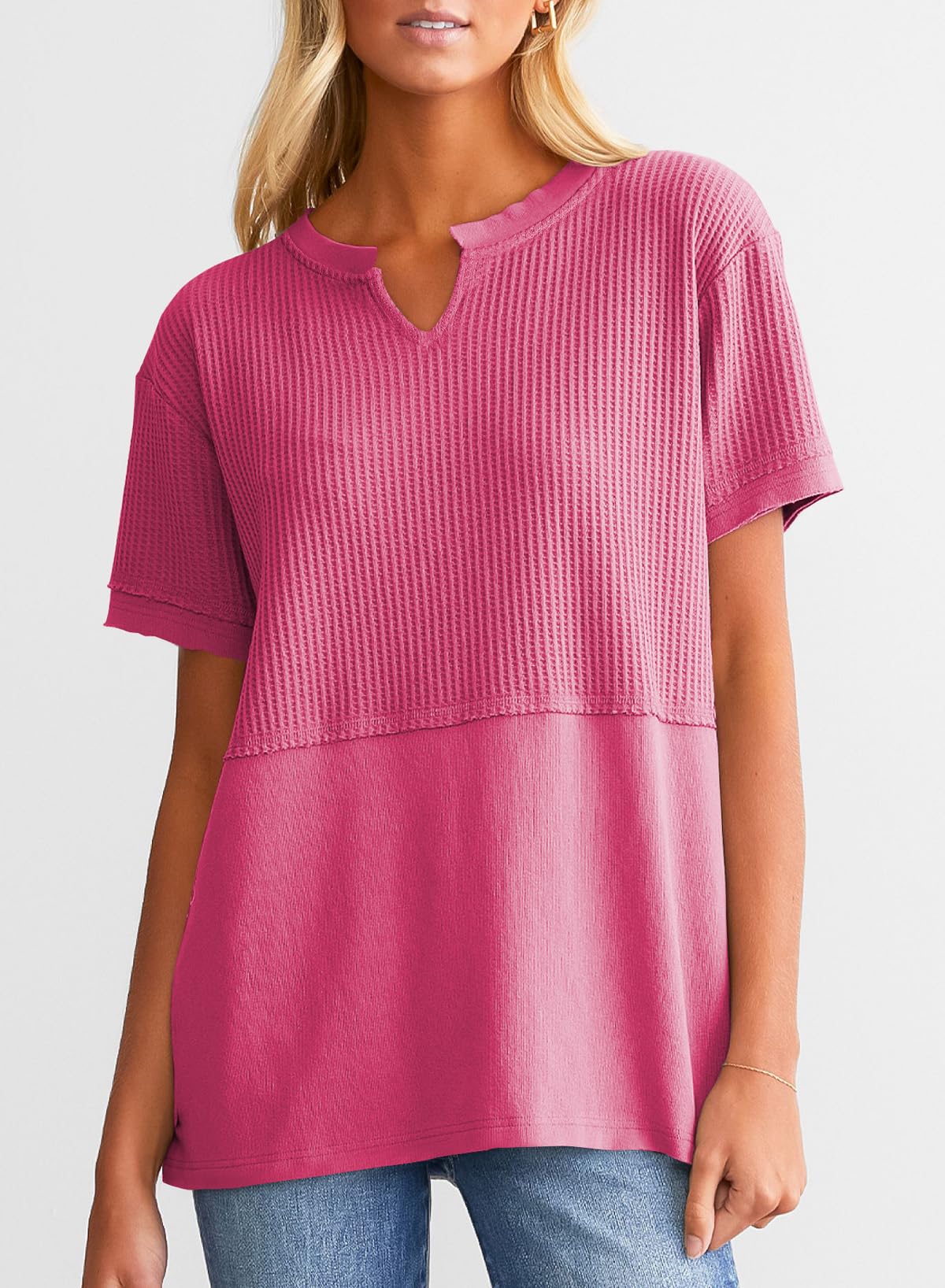 2025 New Women's Casual V Neck Waffle Knit Tops Short Sleeve T Shirts(buy 2 free shipping)